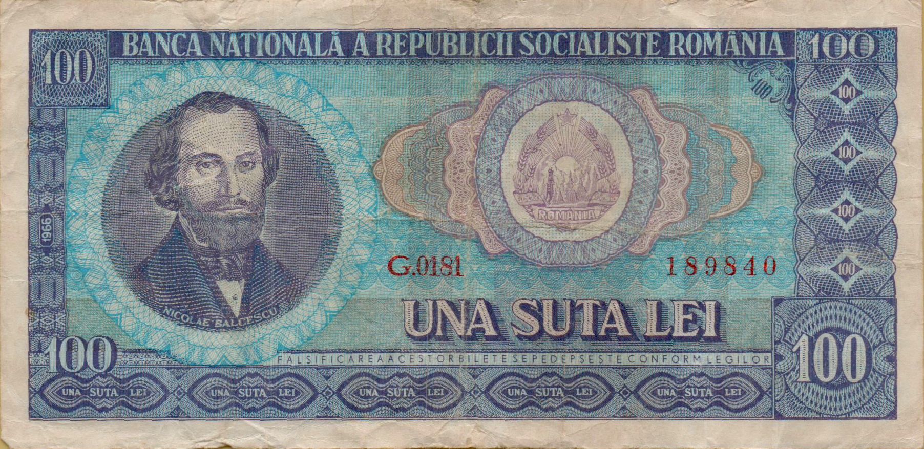 Romania 100 1966 VF P-97